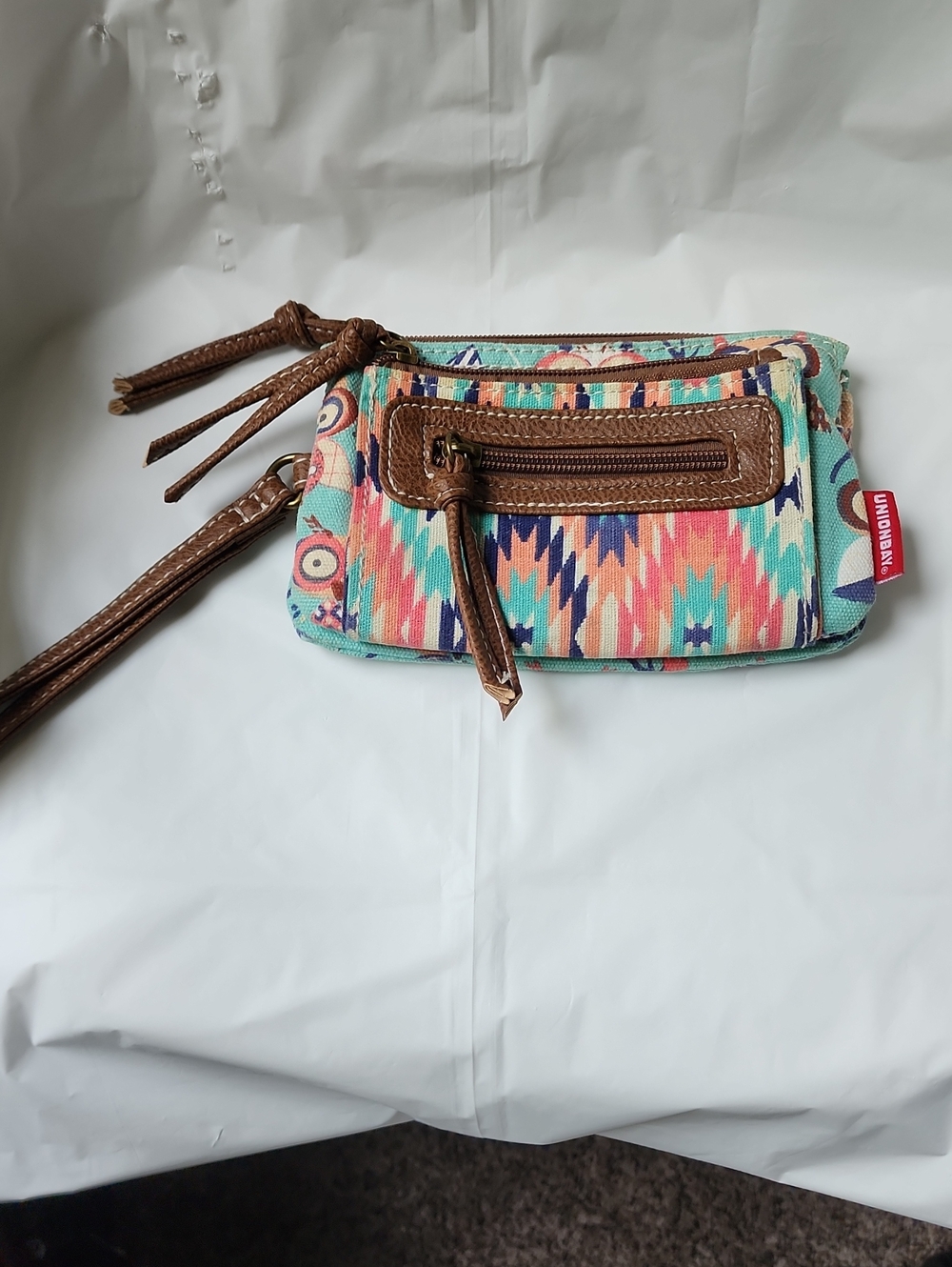 UNIONBAY Turquoise Multi-Color Aztec Wristlet with Brown Trim